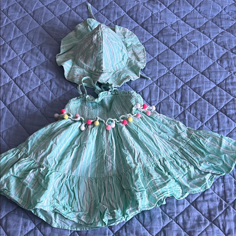 Tahari Girl’s Striped Green Dress with pompom and Hat